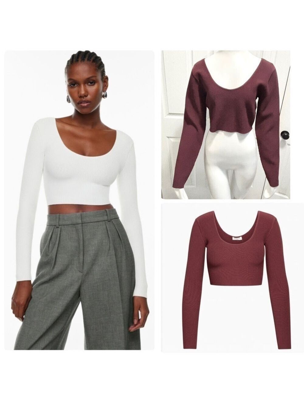 Aritzia Babton Sculpt Scoop Neck Long Sleeve Ribbed Top Burgundy Size XL